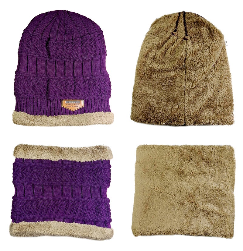HINDAWI Winter Scarf Hat Womens Beanie Slouchy Knit Warm Snow Outdoor Skull Cap Purple - Image 3